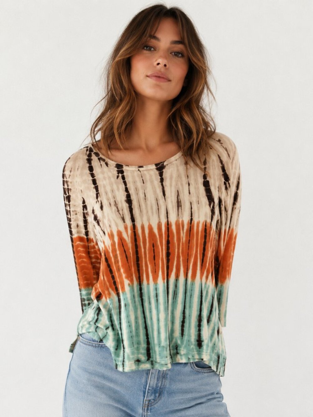 Tryst Tie Dye LS Shirt Top Turquoise Beige Orange Brown Boho ASO Phoebe Buffay